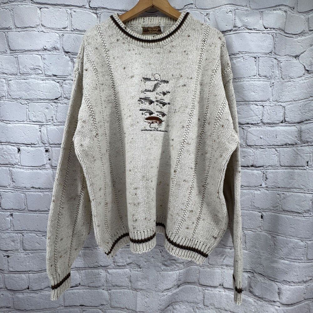 Vintage Shenandoah Sweater Men's XL Cream Fly Fishing Cotton USA Embroidered